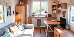 Un spațiu mic, organizat și confortabil, cu mobilă eficientă.