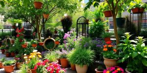 Grădină urbană plină de flori și plante verzi.