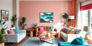 O cameră de zi modernă și colorată.