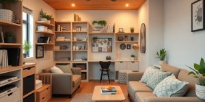 Spațiu de locuit mic optimizat cu mobilier multifunctional.