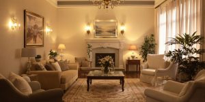 Iluminat cald într-un living confortabil și elegant.