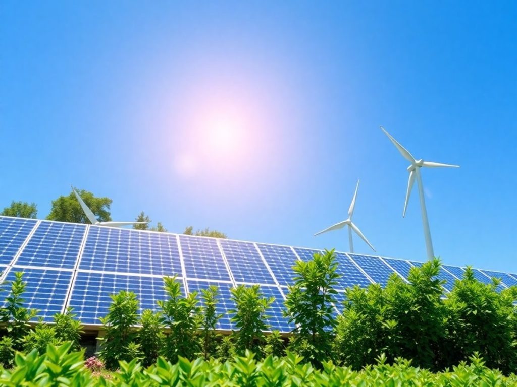 Panouri solare și turbine eoliene într-un peisaj verde.