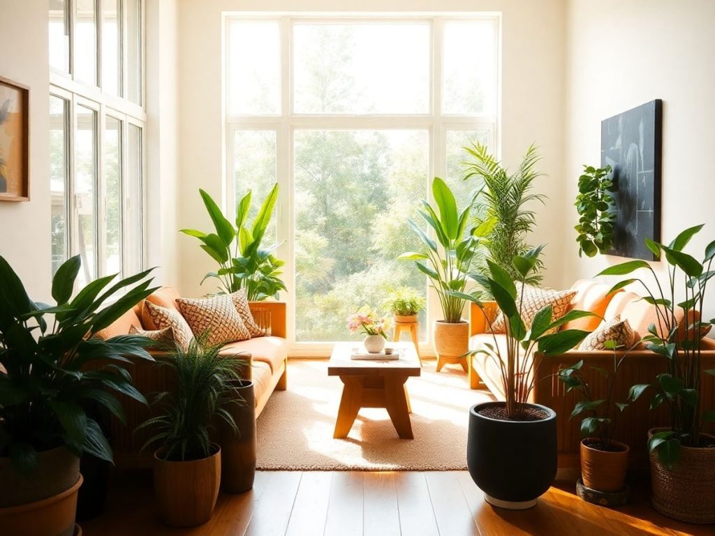 Camera cu mobilier din lemn natural, plante verzi