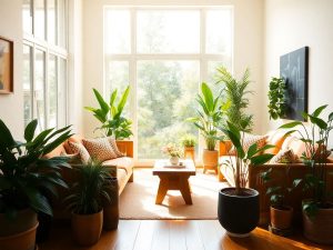 Camera cu mobilier din lemn natural, plante verzi