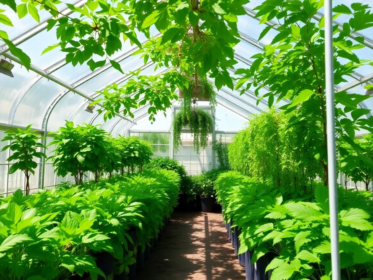 Seră modernă cu plante verzi luxuriante în interior.