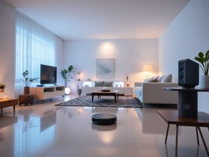O casă modernă plină de dispozitive inteligente și lumini ambientale.