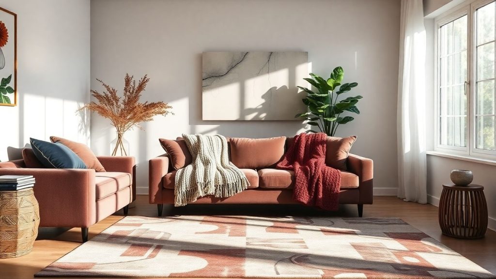 Textile interioare moderne: perne, pătură, covor.