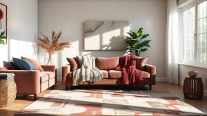 Textile interioare moderne: perne, pătură, covor.
